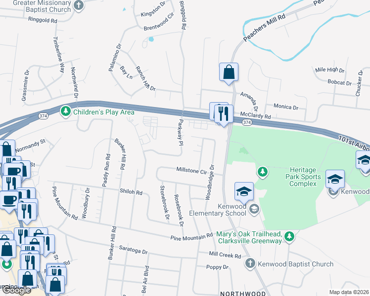 map of restaurants, bars, coffee shops, grocery stores, and more near 1210 Pebble Court in Clarksville