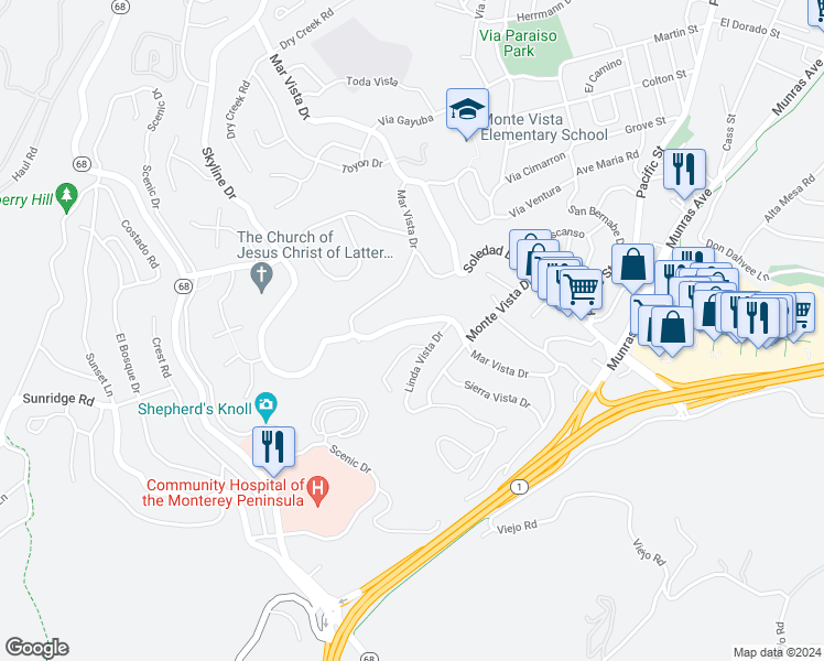 map of restaurants, bars, coffee shops, grocery stores, and more near 233 Mar Vista Drive in Monterey