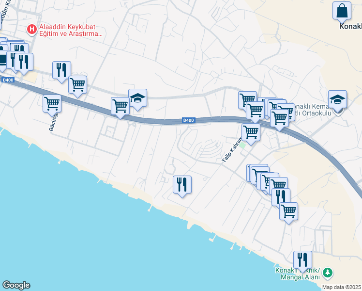 map of restaurants, bars, coffee shops, grocery stores, and more near İsimsiz Yol in Alanya