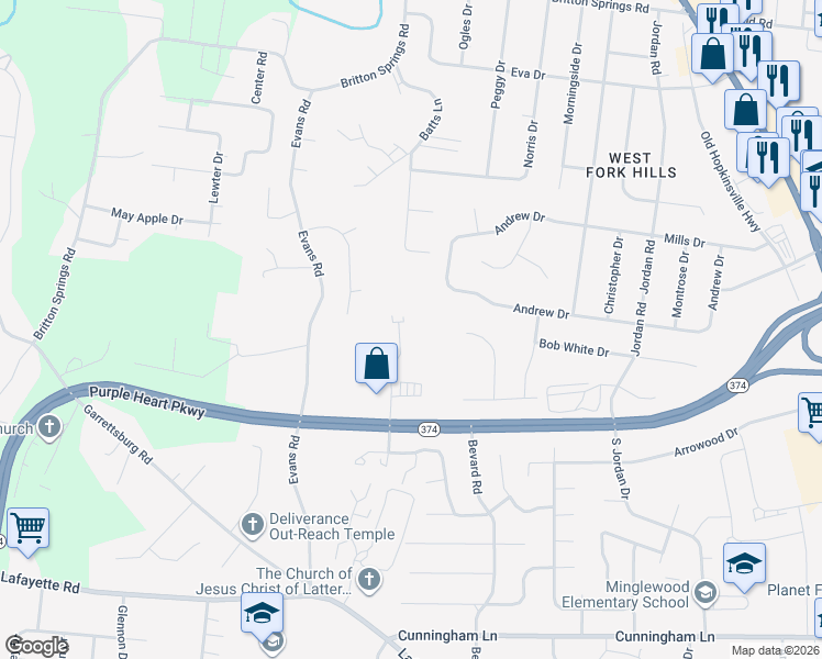 map of restaurants, bars, coffee shops, grocery stores, and more near 1221 Ashridge Drive in Clarksville