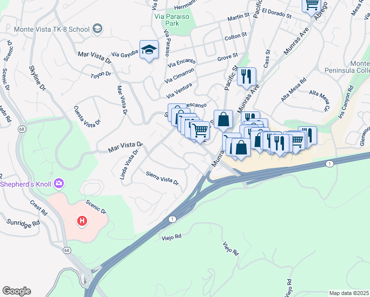 map of restaurants, bars, coffee shops, grocery stores, and more near 62 Mar Vista Drive in Monterey