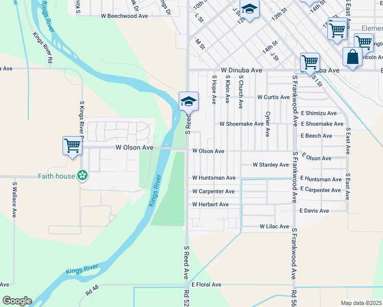 map of restaurants, bars, coffee shops, grocery stores, and more near 1577 South Riverview Avenue in Reedley