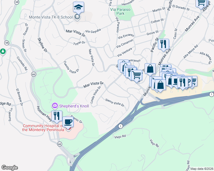 map of restaurants, bars, coffee shops, grocery stores, and more near 106 Monte Vista Drive in Monterey