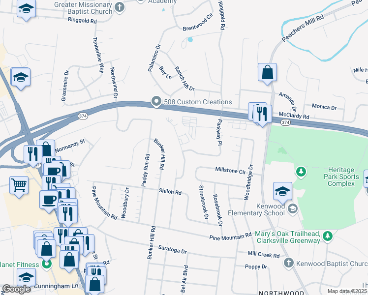 map of restaurants, bars, coffee shops, grocery stores, and more near 1222 Verkler Drive in Clarksville