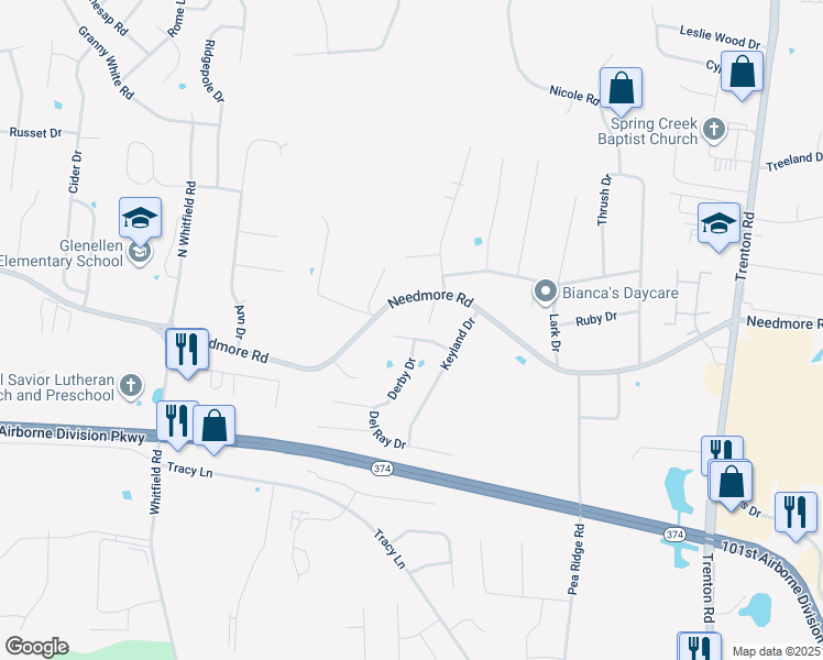 map of restaurants, bars, coffee shops, grocery stores, and more near 592 Cory Drive in Clarksville