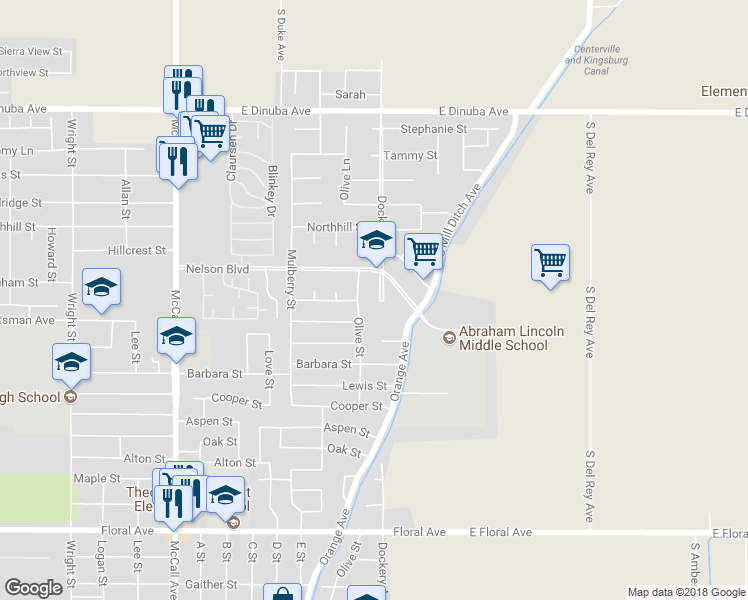 map of restaurants, bars, coffee shops, grocery stores, and more near 3439 Dockery Avenue in Selma