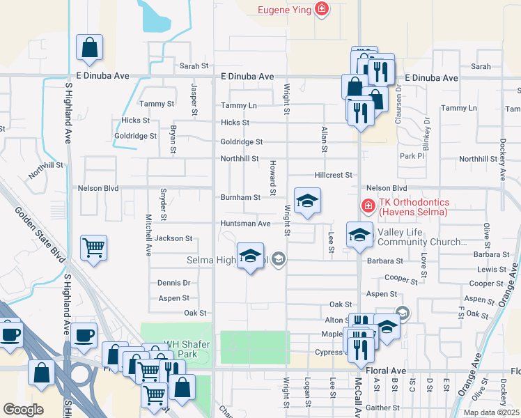 map of restaurants, bars, coffee shops, grocery stores, and more near 2342 Azalea Street in Selma