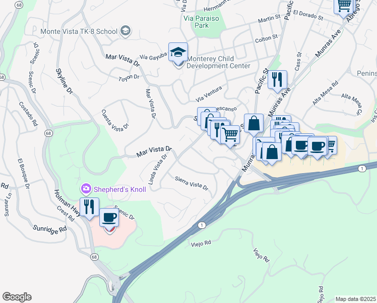 map of restaurants, bars, coffee shops, grocery stores, and more near 53 Monte Vista Drive in Monterey