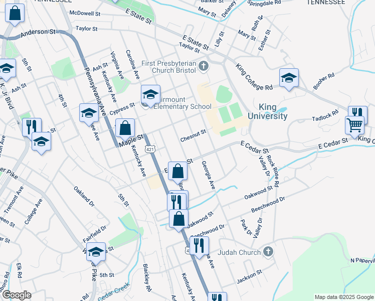 map of restaurants, bars, coffee shops, grocery stores, and more near 1111 Maryland Avenue in Bristol