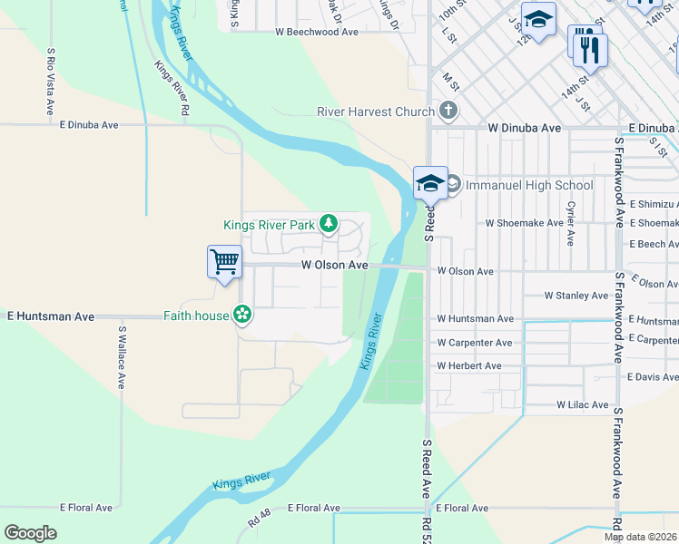 map of restaurants, bars, coffee shops, grocery stores, and more near 1275 West Kramer Ridge Road in Reedley