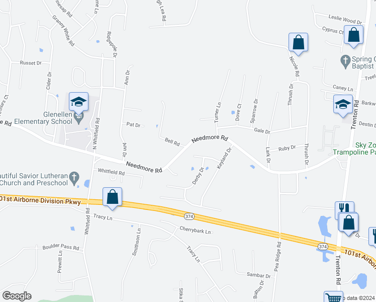 map of restaurants, bars, coffee shops, grocery stores, and more near 640 Needmore Road in Clarksville