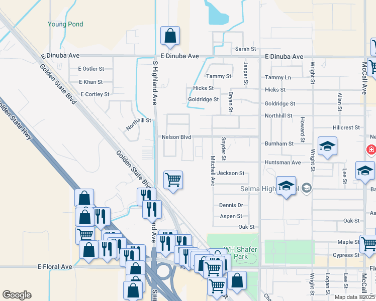 map of restaurants, bars, coffee shops, grocery stores, and more near 3496 Jordan Avenue in Selma