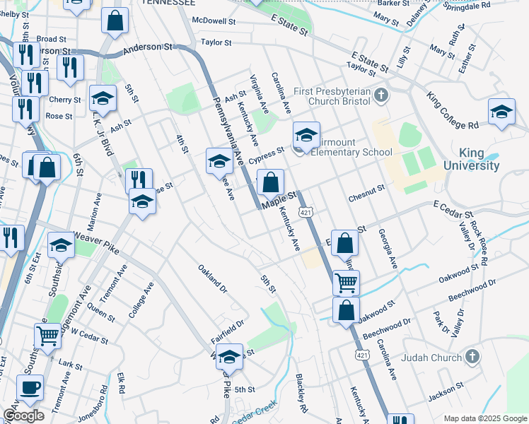 map of restaurants, bars, coffee shops, grocery stores, and more near 1005 Pennsylvania Avenue in Bristol