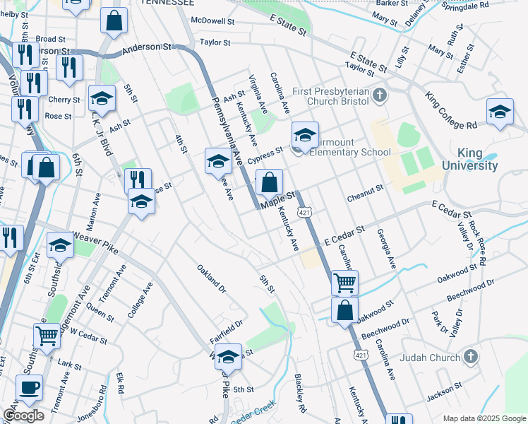 map of restaurants, bars, coffee shops, grocery stores, and more near 1005 Pennsylvania Avenue in Bristol