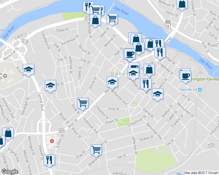 map of restaurants, bars, coffee shops, grocery stores, and more near 31 Jefferson Avenue Exd in Danville
