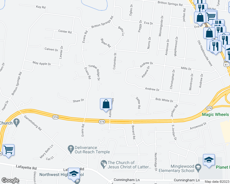 map of restaurants, bars, coffee shops, grocery stores, and more near 1225 Ashridge Drive in Clarksville