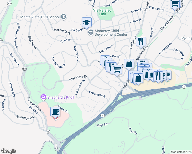 map of restaurants, bars, coffee shops, grocery stores, and more near 193 Porta Vista Place in Monterey