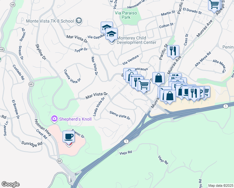 map of restaurants, bars, coffee shops, grocery stores, and more near 49 Monte Vista Drive in Monterey