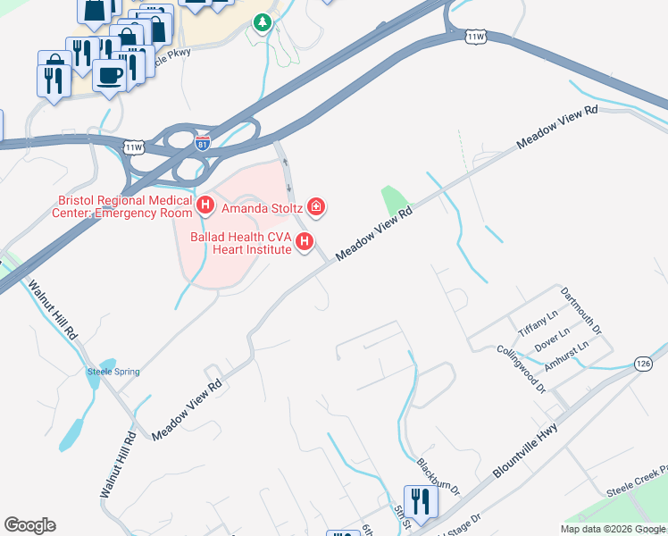 map of restaurants, bars, coffee shops, grocery stores, and more near 701 Meadow View Road in Bristol