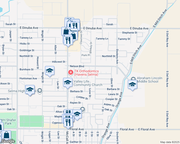 map of restaurants, bars, coffee shops, grocery stores, and more near 1676 Nelson Boulevard in Selma