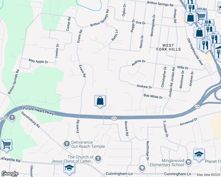 map of restaurants, bars, coffee shops, grocery stores, and more near 1225 Ashridge Drive in Clarksville