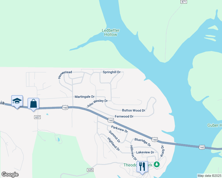 map of restaurants, bars, coffee shops, grocery stores, and more near John Wesley Drive in Theodosia