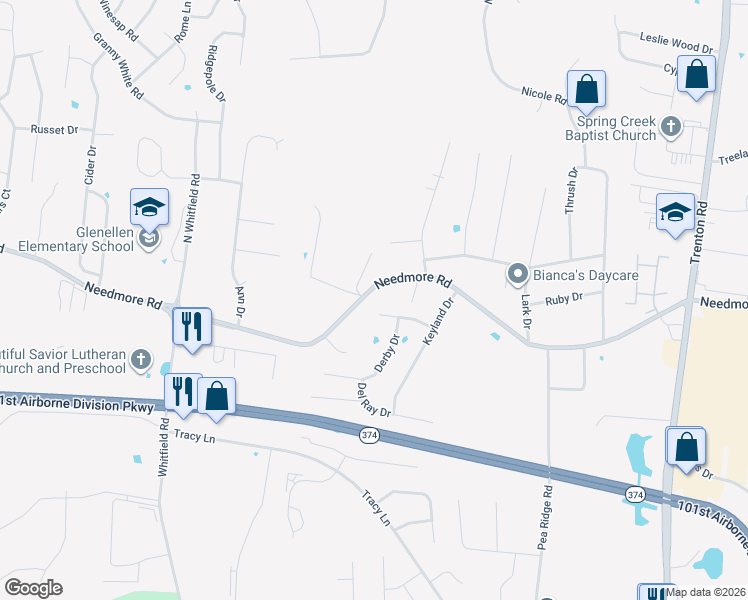 map of restaurants, bars, coffee shops, grocery stores, and more near 630 Needmore Road in Clarksville