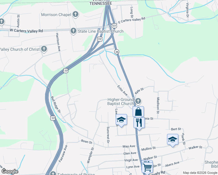 map of restaurants, bars, coffee shops, grocery stores, and more near 1712 Echo Avenue in Kingsport