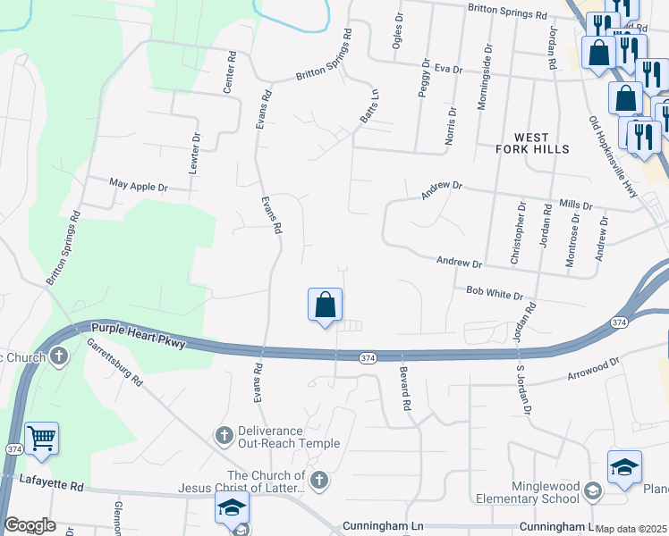 map of restaurants, bars, coffee shops, grocery stores, and more near 1226 Ashridge Drive in Clarksville