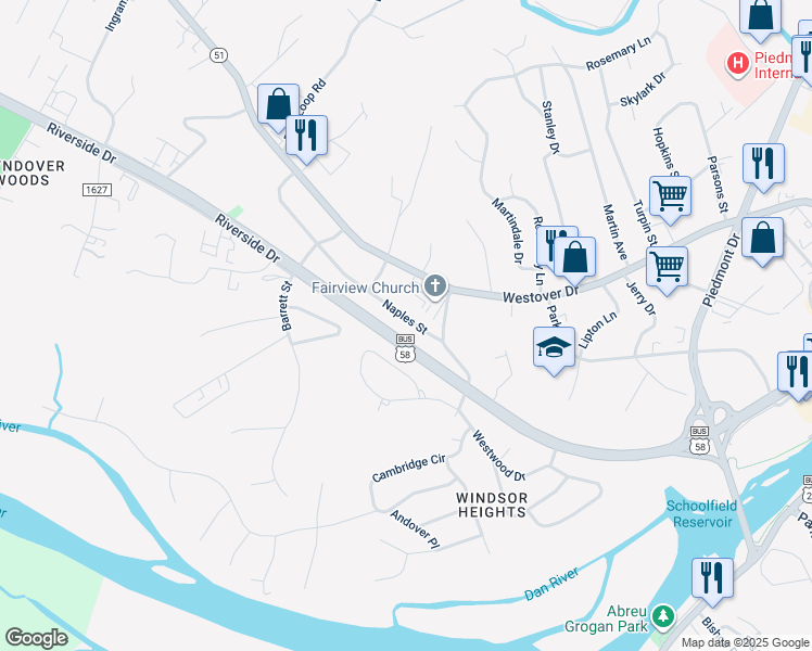 map of restaurants, bars, coffee shops, grocery stores, and more near 133 Naples Street in Danville