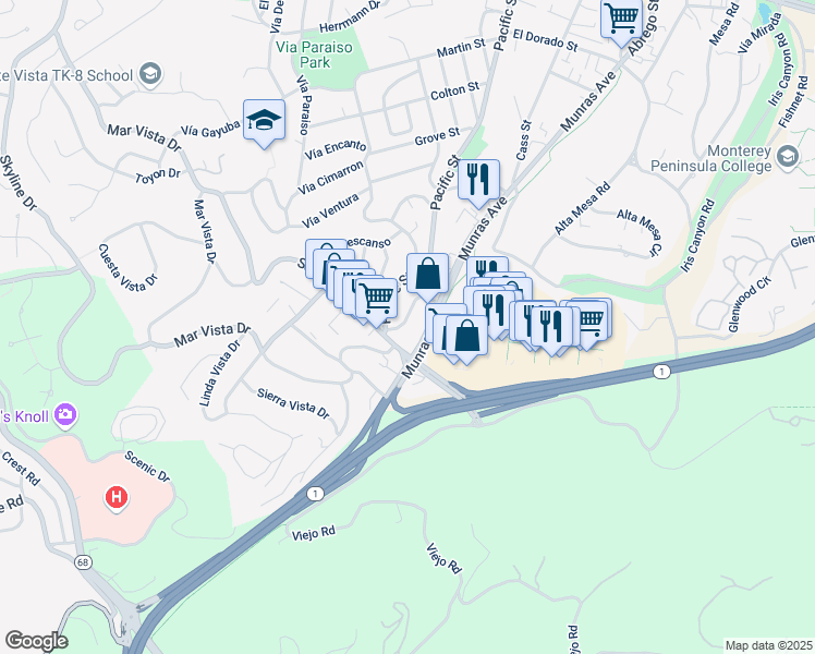 map of restaurants, bars, coffee shops, grocery stores, and more near 77 Via Buena Vista in Monterey