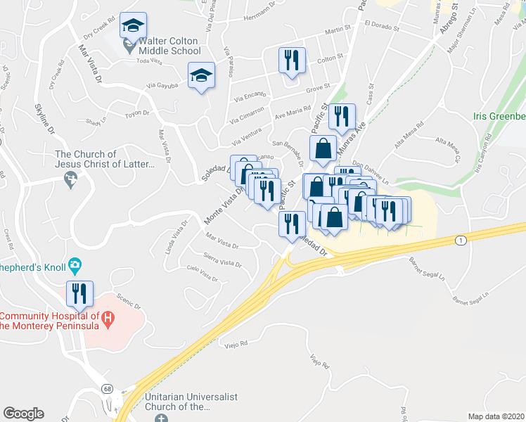 map of restaurants, bars, coffee shops, grocery stores, and more near 17 Soledad Drive in Monterey