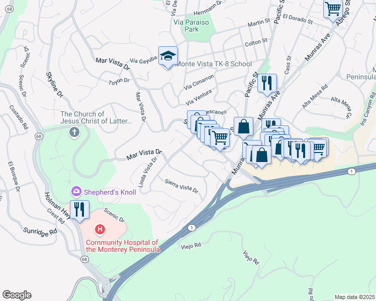 map of restaurants, bars, coffee shops, grocery stores, and more near 1109 Golden Oaks Lane in Monterey