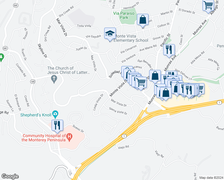 map of restaurants, bars, coffee shops, grocery stores, and more near 3102 Golden Oaks Lane in Monterey