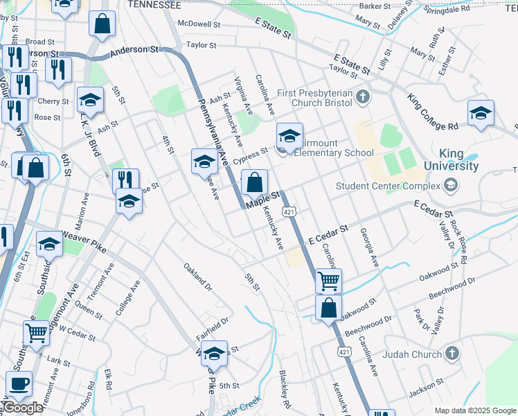 map of restaurants, bars, coffee shops, grocery stores, and more near 930 Kentucky Avenue in Bristol