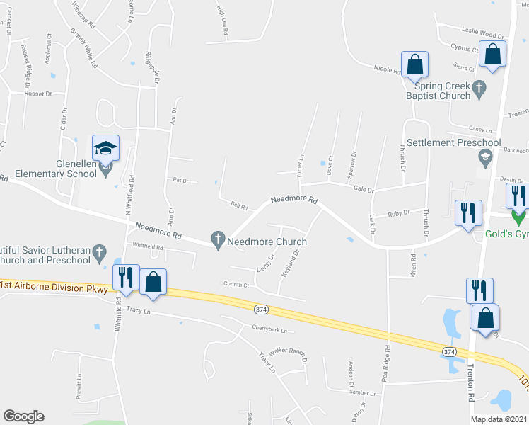 map of restaurants, bars, coffee shops, grocery stores, and more near 608 Needmore Road in Clarksville