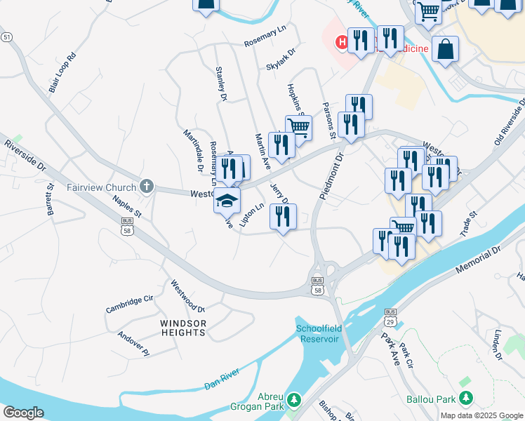 map of restaurants, bars, coffee shops, grocery stores, and more near 209 Lipton Lane in Danville