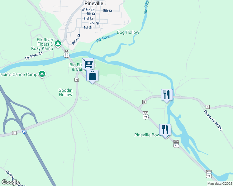 map of restaurants, bars, coffee shops, grocery stores, and more near 13268 Old US Highway 71 in Pineville