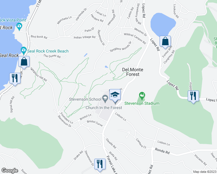 map of restaurants, bars, coffee shops, grocery stores, and more near 1215 Benbow Place in Del Monte Forest