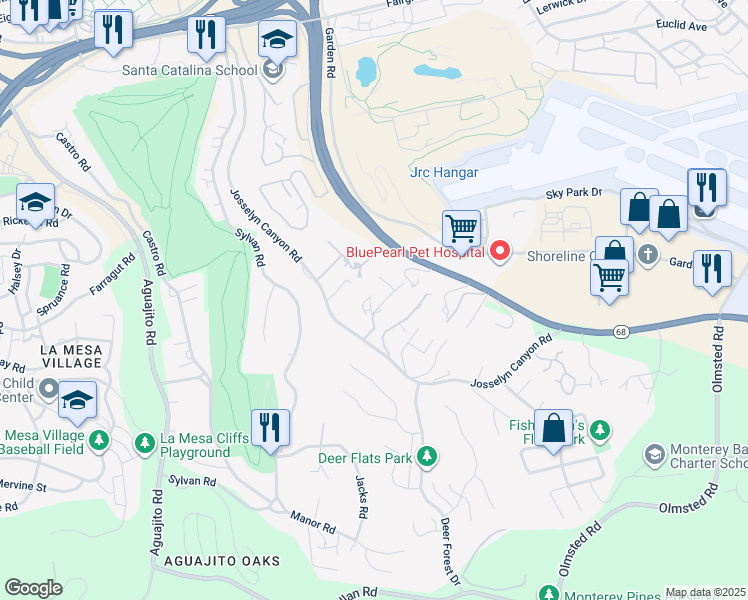 map of restaurants, bars, coffee shops, grocery stores, and more near 1249 Josselyn Canyon Road in Monterey