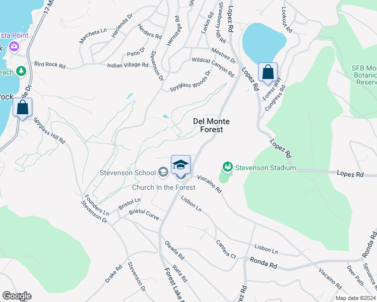 map of restaurants, bars, coffee shops, grocery stores, and more near 1221 Benbow Place in Del Monte Forest