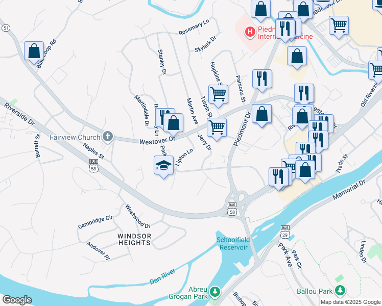 map of restaurants, bars, coffee shops, grocery stores, and more near 209 Lipton Lane in Danville