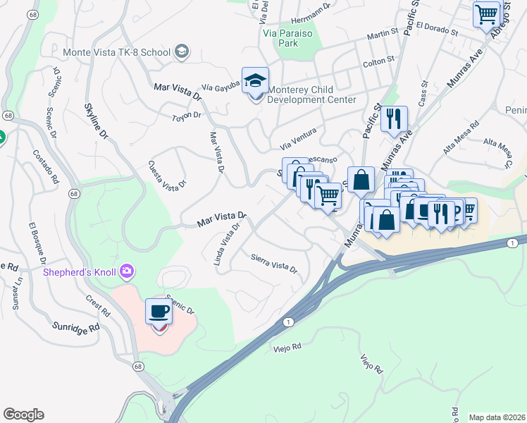map of restaurants, bars, coffee shops, grocery stores, and more near 1109 Golden Oaks Lane in Monterey