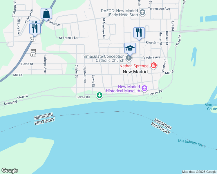 map of restaurants, bars, coffee shops, grocery stores, and more near 823 Mott Street in New Madrid