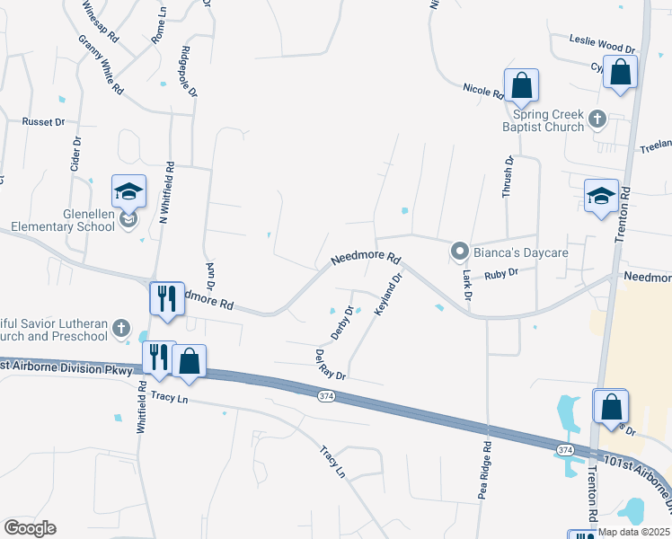 map of restaurants, bars, coffee shops, grocery stores, and more near 608 Needmore Road in Clarksville