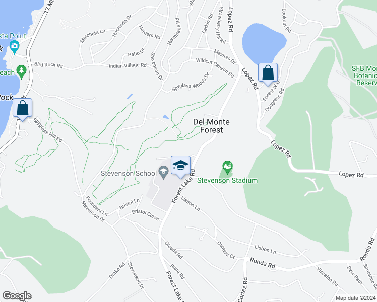 map of restaurants, bars, coffee shops, grocery stores, and more near 1221 Benbow Place in Del Monte Forest