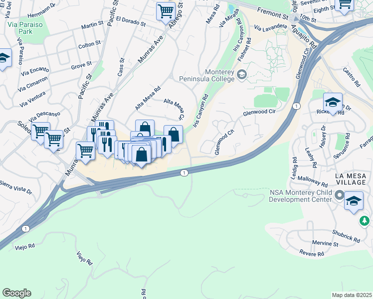 map of restaurants, bars, coffee shops, grocery stores, and more near 200 Iris Canyon Road in Monterey