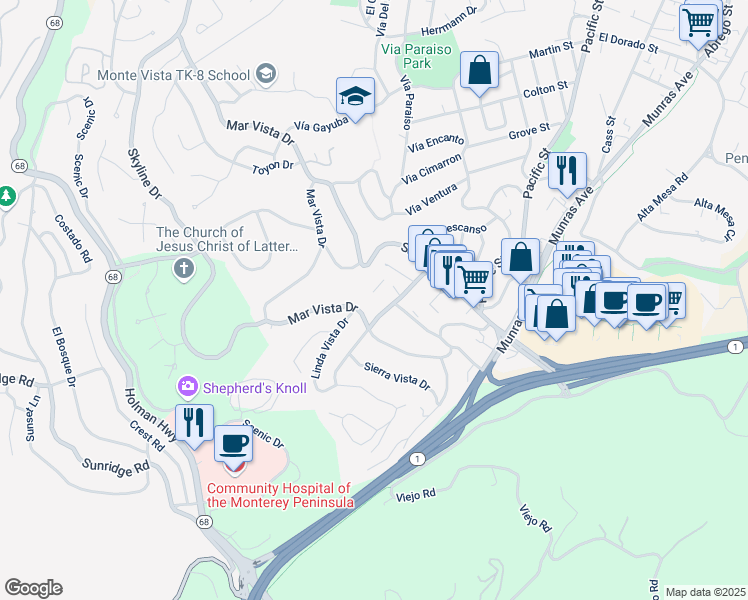 map of restaurants, bars, coffee shops, grocery stores, and more near 3309 Golden Oaks Lane in Monterey