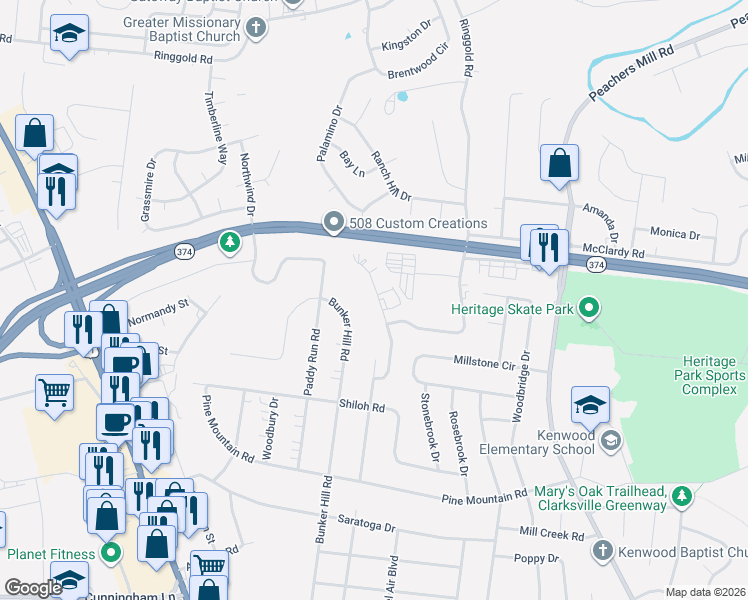 map of restaurants, bars, coffee shops, grocery stores, and more near 1233 Verkler Drive in Clarksville