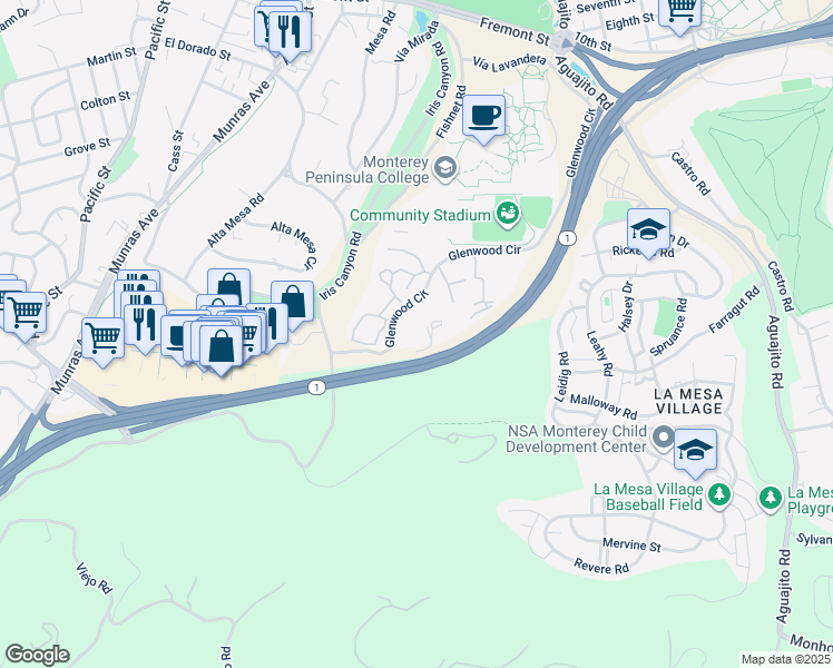 map of restaurants, bars, coffee shops, grocery stores, and more near 200 Glenwood Circle in Monterey